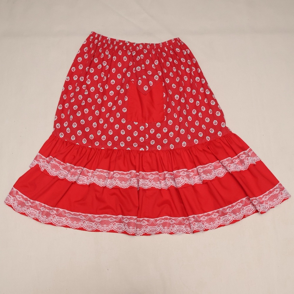 Vintage 70s 80s Square Dance Skirt Collar Set Red Floral Lace Handmade